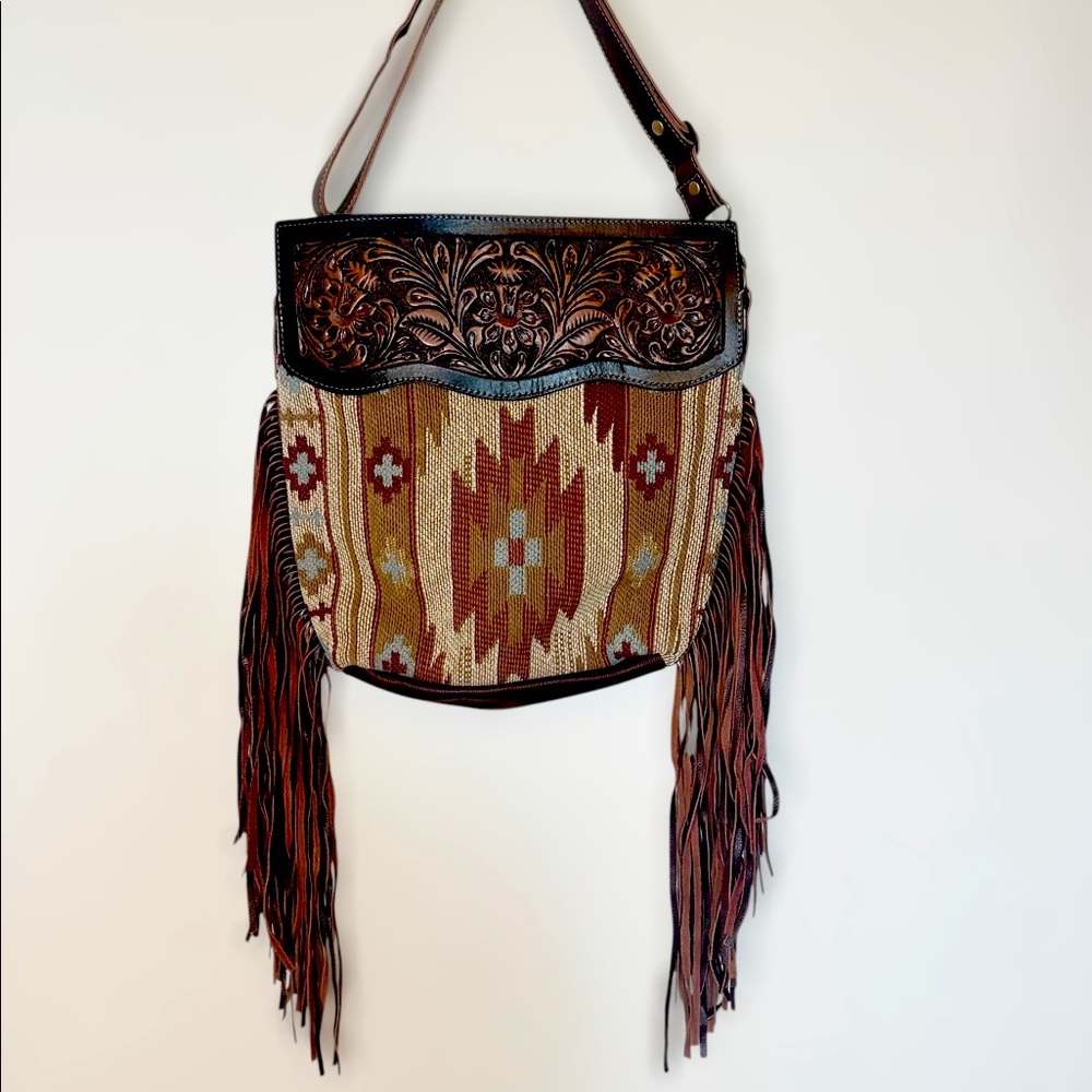 Tooled Leather Western Fringe Aztec Patterned Purse